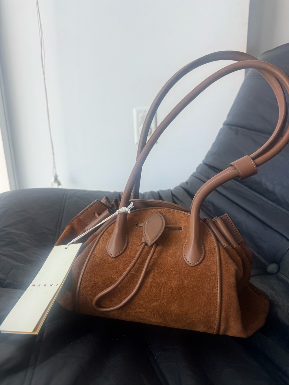 Marni Tulipea Brown Suede Drawstring Shoulder Bag - Picture 4 of 7